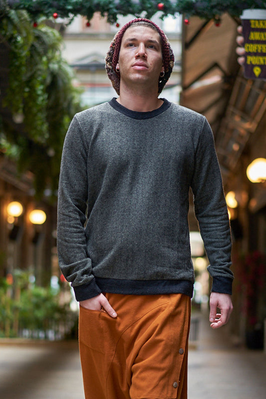 Khaki Boho Round Neck Mens Sweatshirt