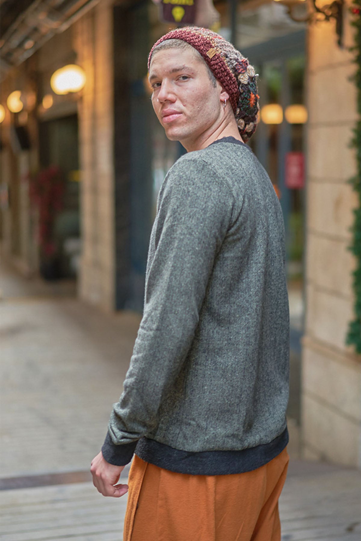 Khaki Boho Round Neck Mens Sweatshirt