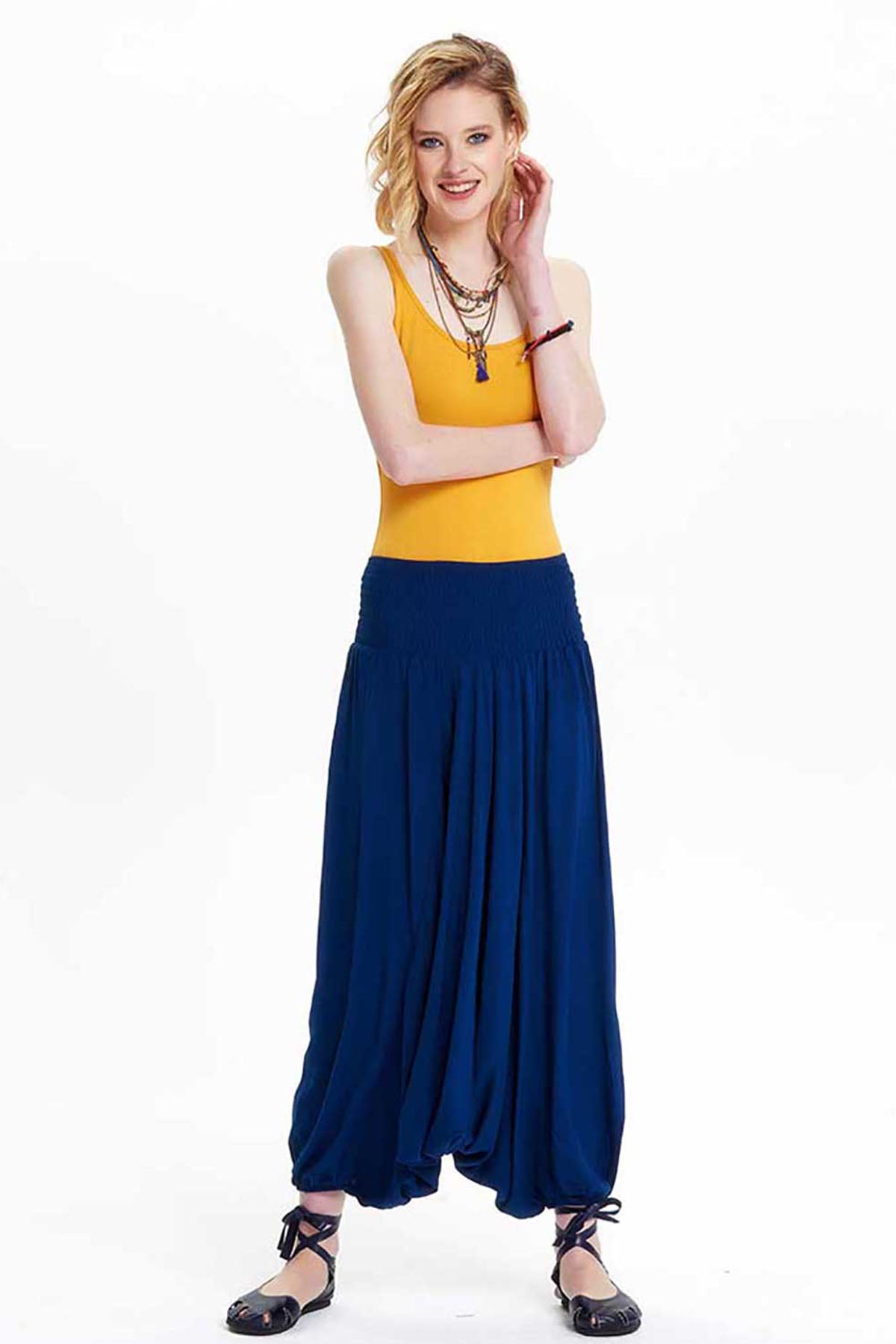 Elastic Waist Loose Fit Dark Blue Harem Pants