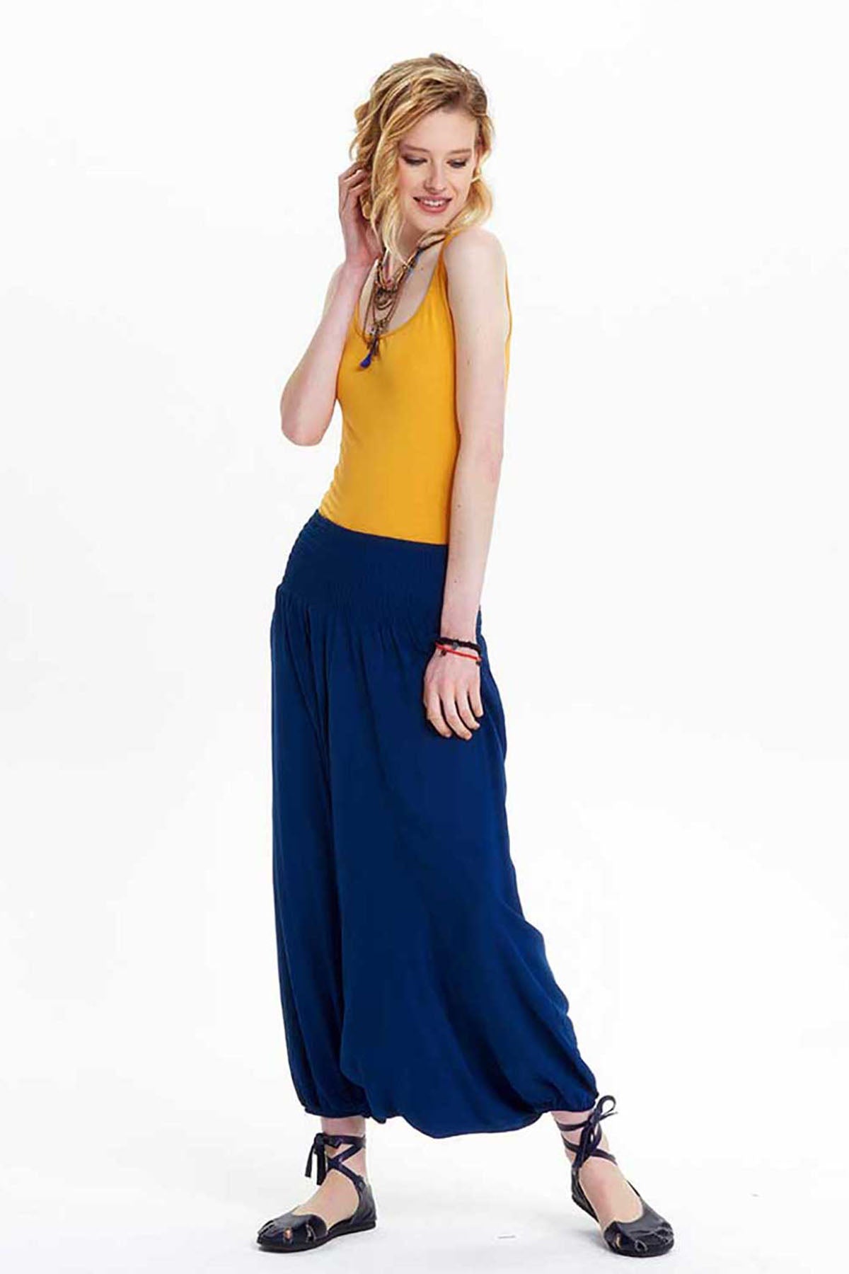 Elastic Waist Loose Fit Dark Blue Harem Pants