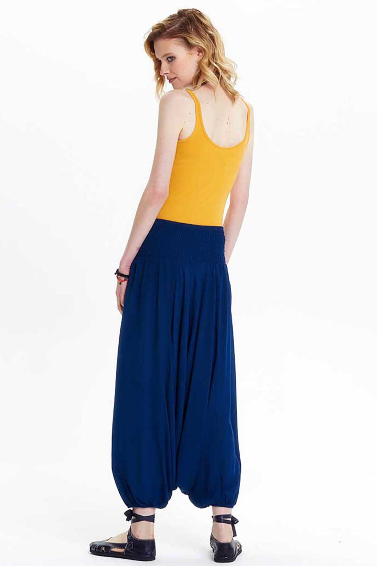 Elastic Waist Loose Fit Dark Blue Harem Pants