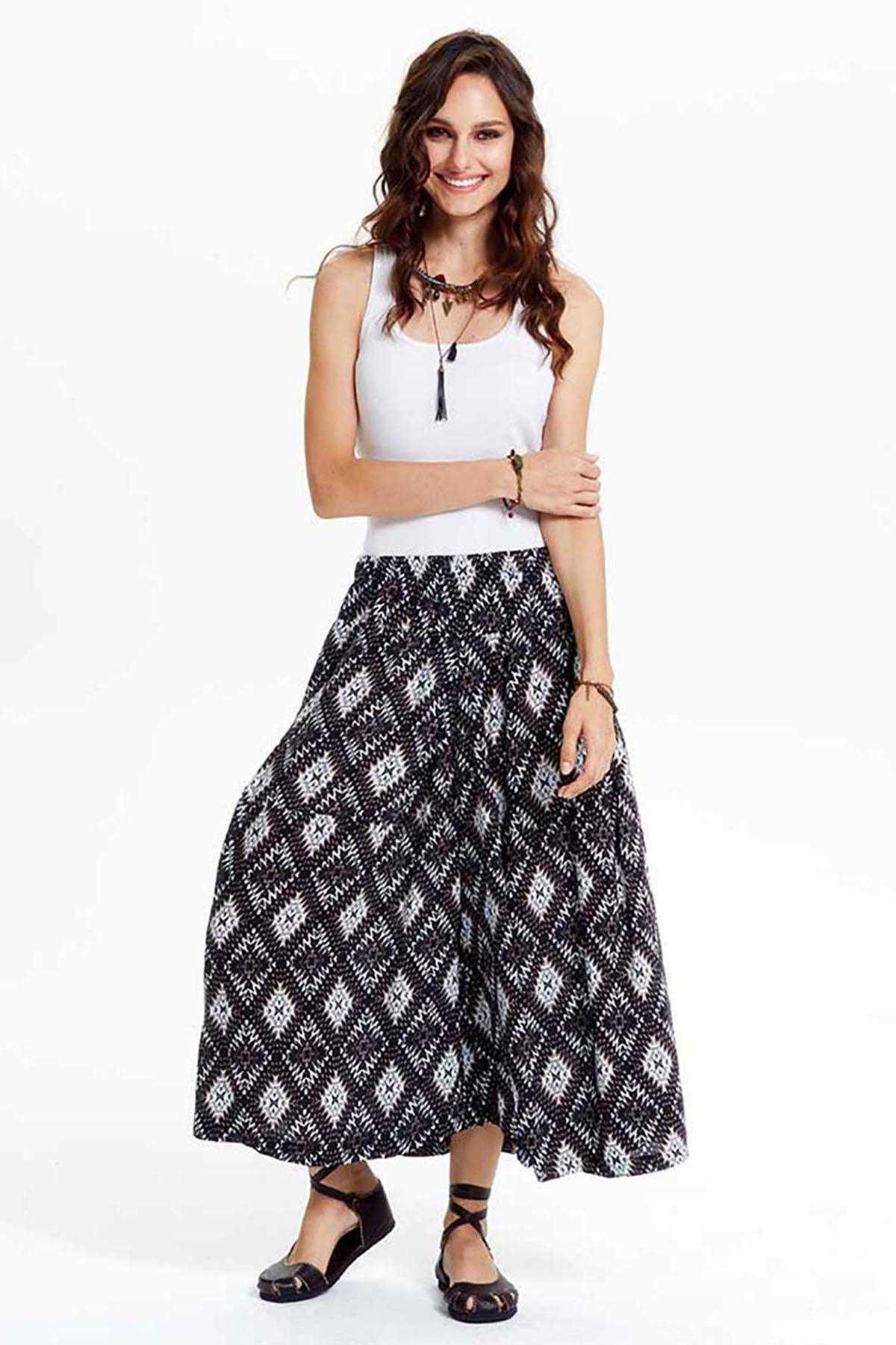 Brown Geometric Patterned Midi Wide Leg Pants