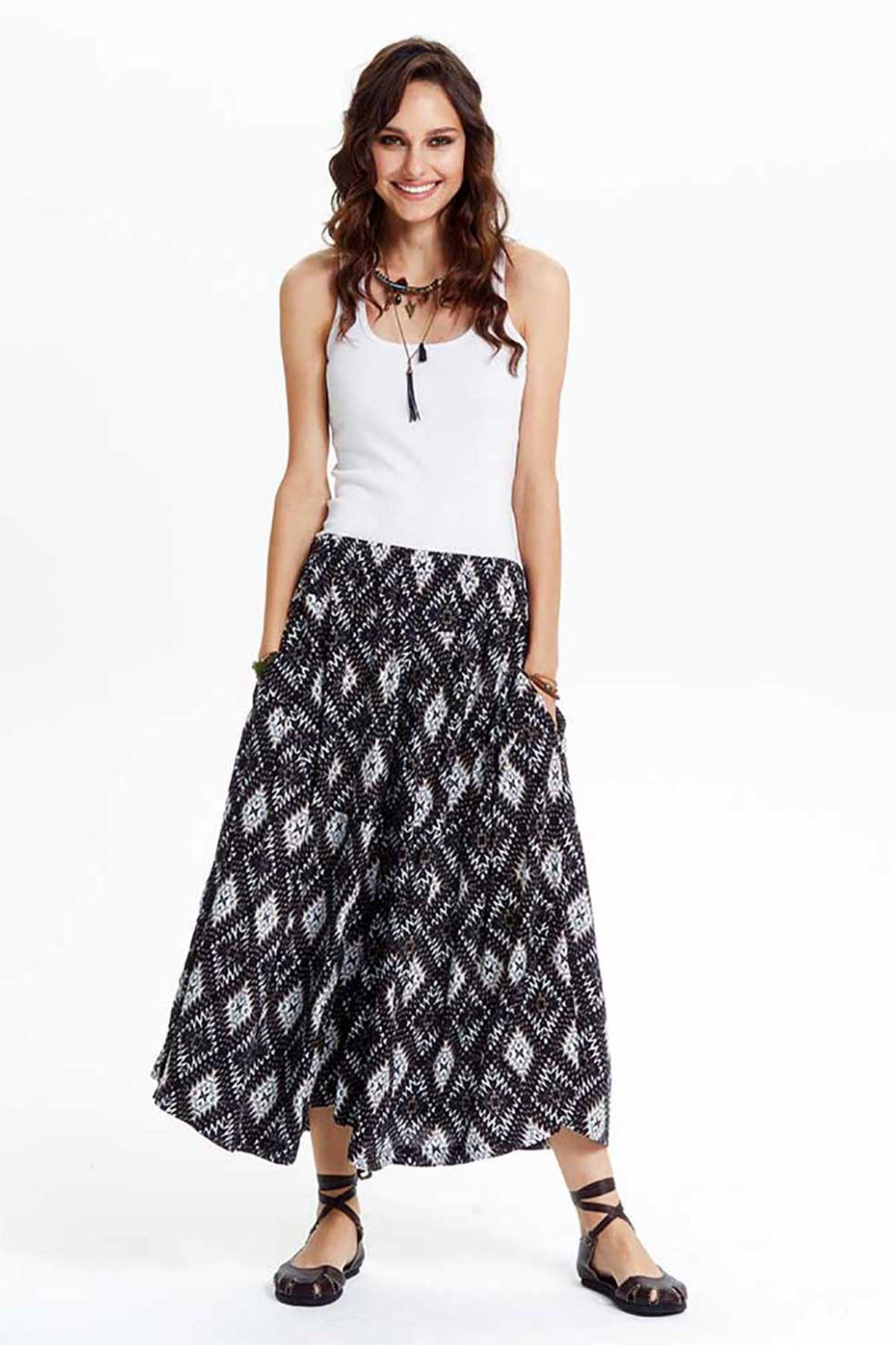 Brown Geometric Patterned Midi Wide Leg Pants