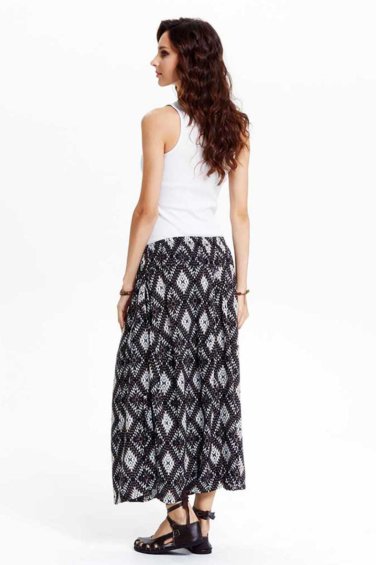 Brown Geometric Patterned Midi Wide Leg Pants