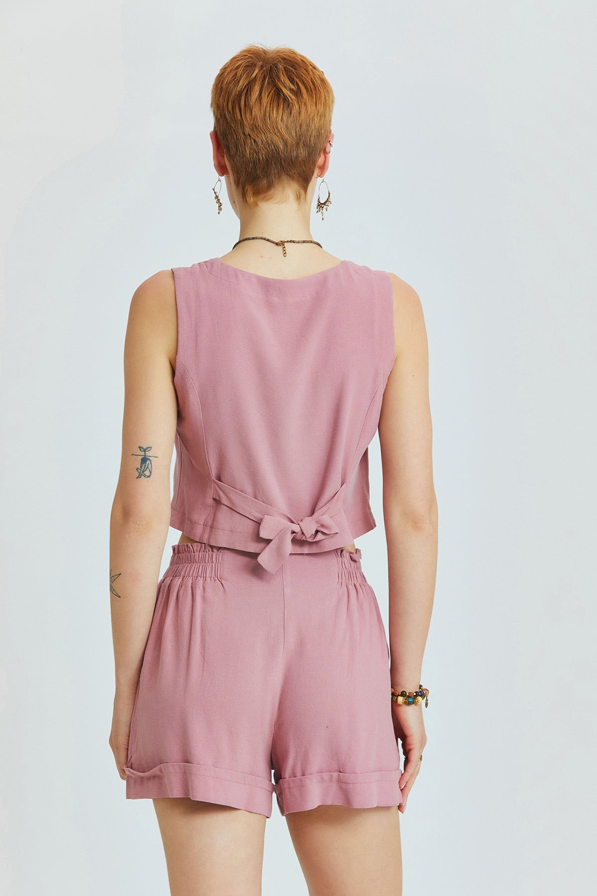 Dusty Rose Viscose-Linen Mini Bohemian Shorts with Mother-of-Pearl Buttons