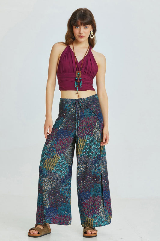 Teal Peacock Pattern Bohemian Palazzo Pants with Tie Waist