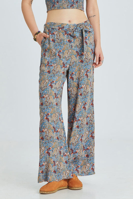 Blue Border Pattern Bohemian Pants with Belted Waist