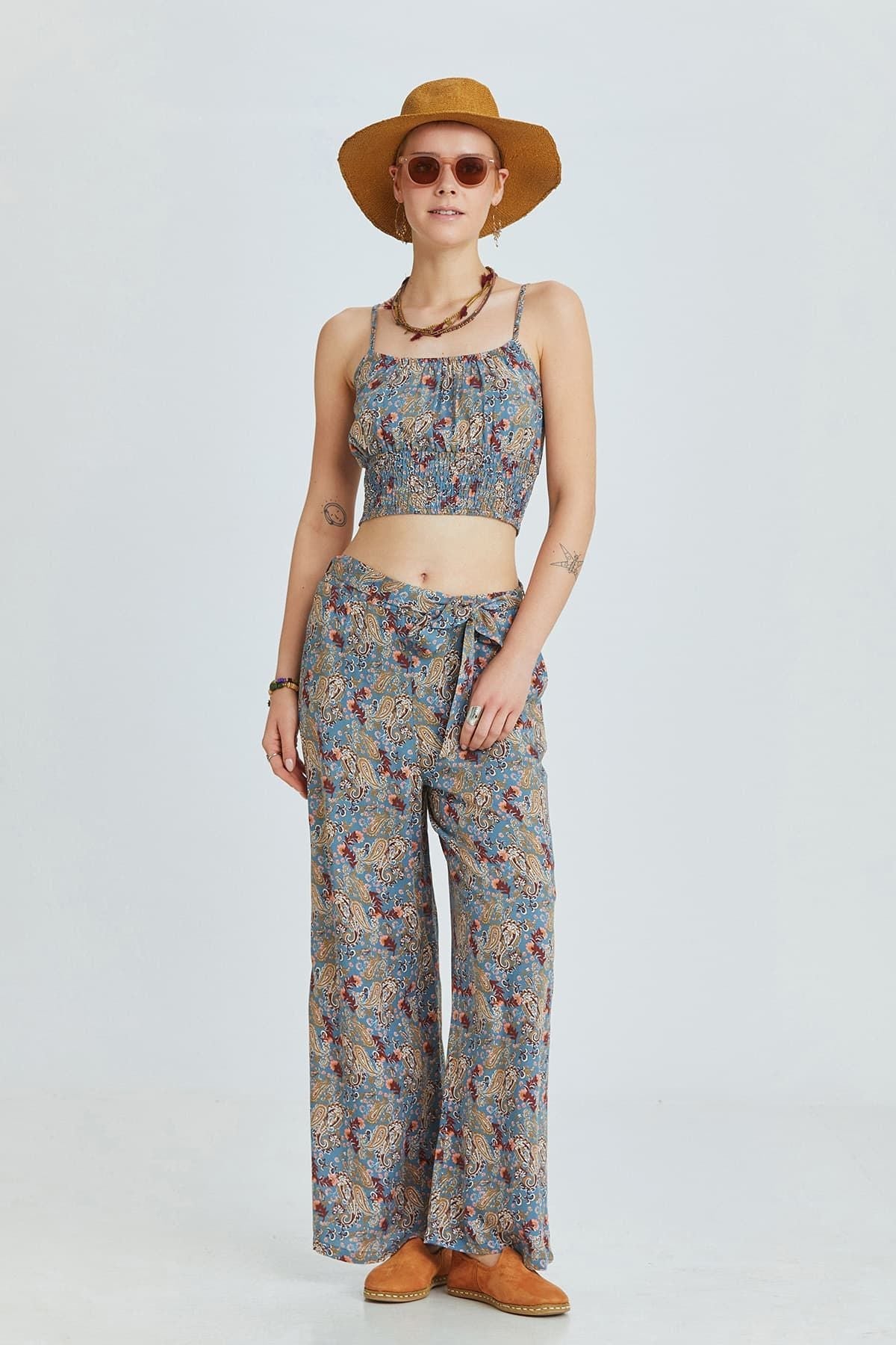 Blue Border Pattern Bohemian Pants with Belted Waist