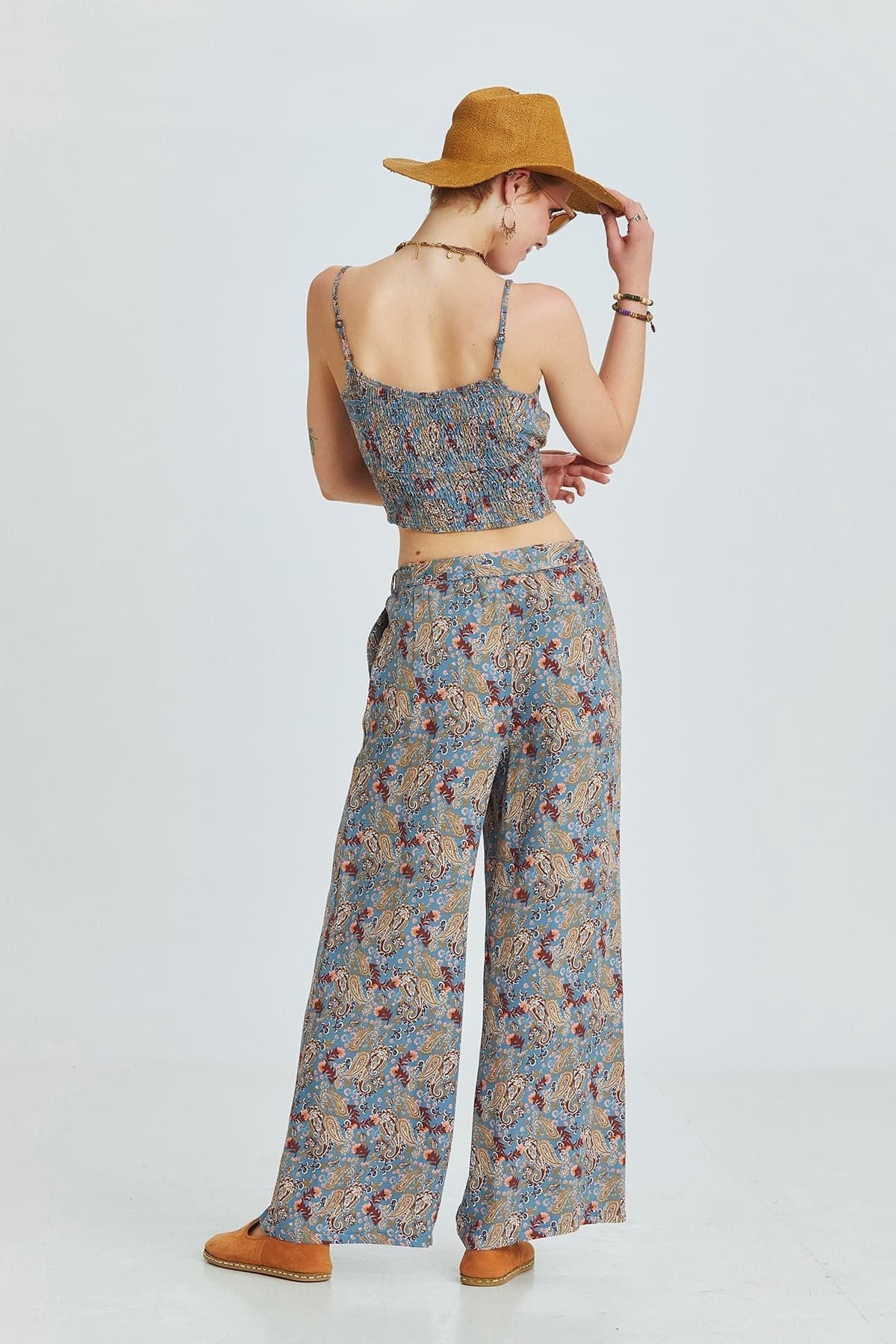 Blue Border Pattern Bohemian Pants with Belted Waist