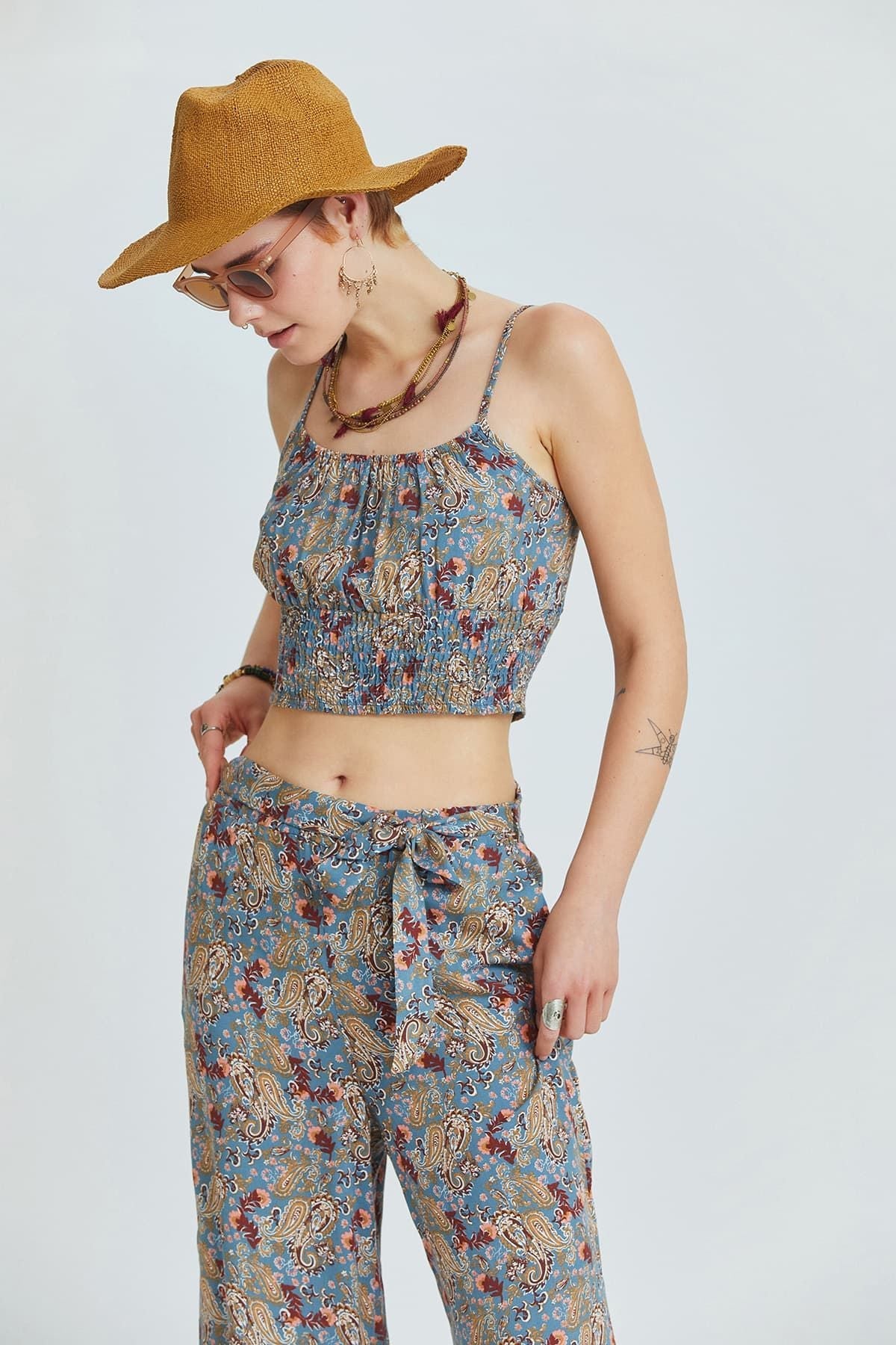 Blue Border Pattern Bohemian Pants with Belted Waist