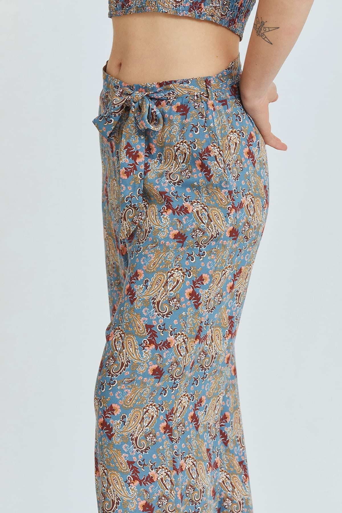 Blue Border Pattern Bohemian Pants with Belted Waist