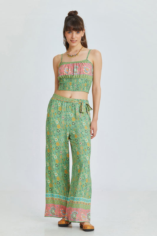 Green Border Pattern Bohemian Pants with Belted Waist