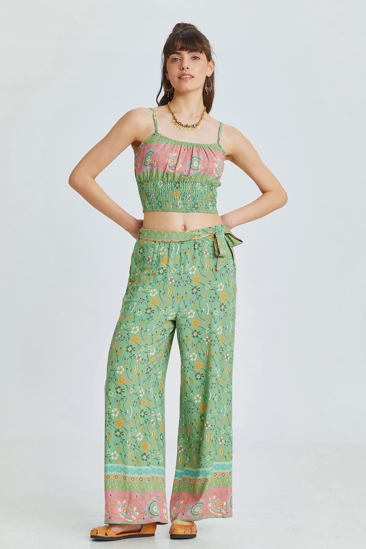 Green Border Pattern Bohemian Pants with Belted Waist