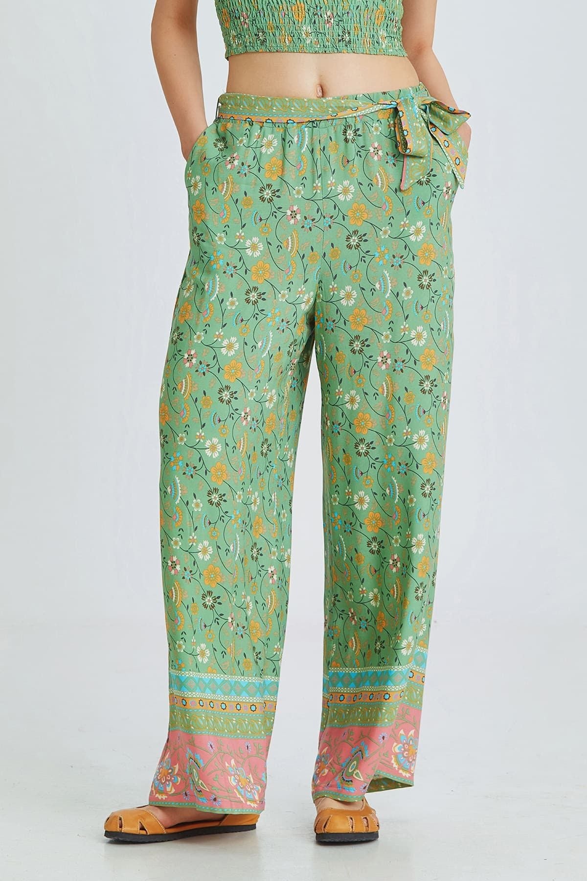 Green Border Pattern Bohemian Pants with Belted Waist
