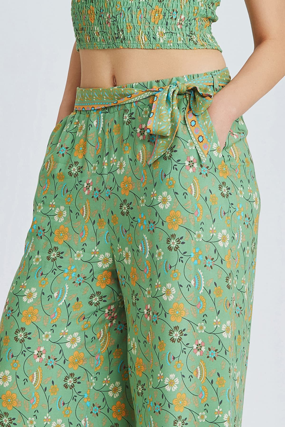 Green Border Pattern Bohemian Pants with Belted Waist