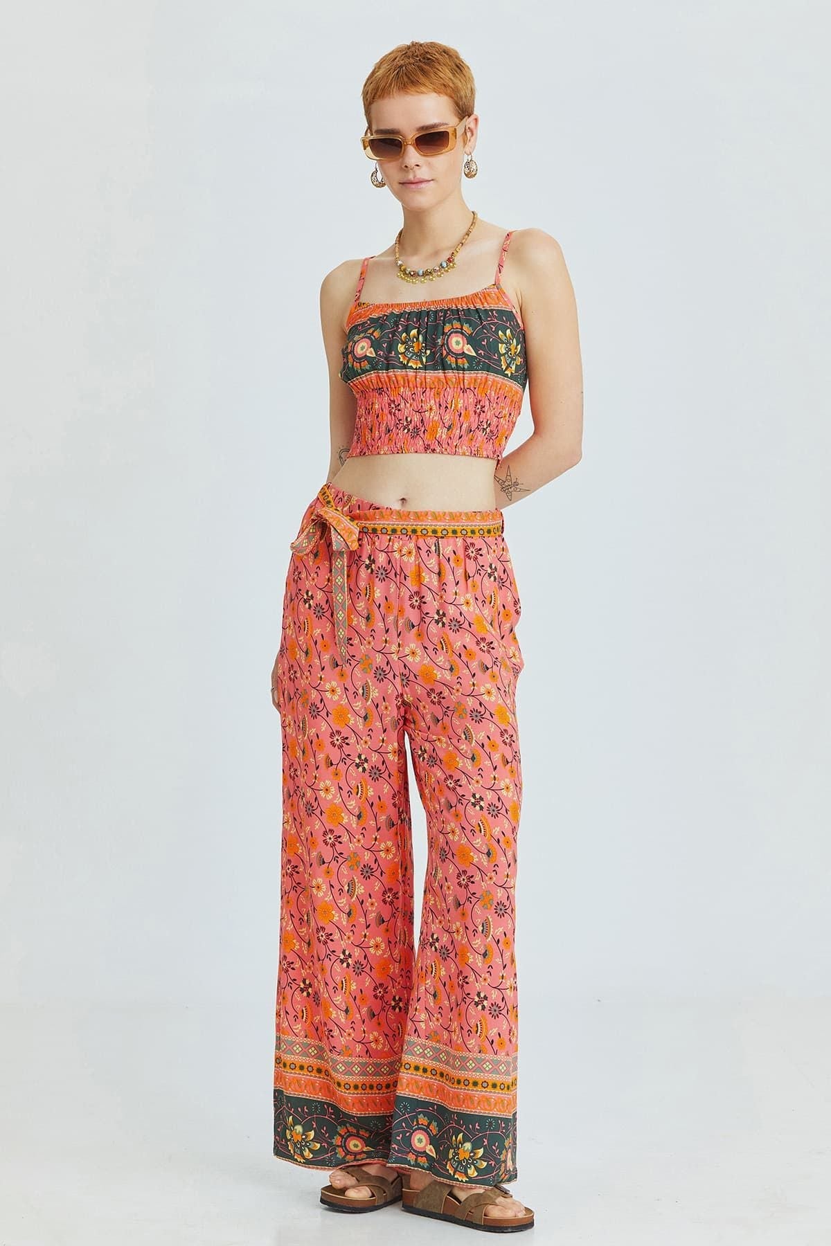 Pink Border Pattern Bohemian Pants with Belted Waist