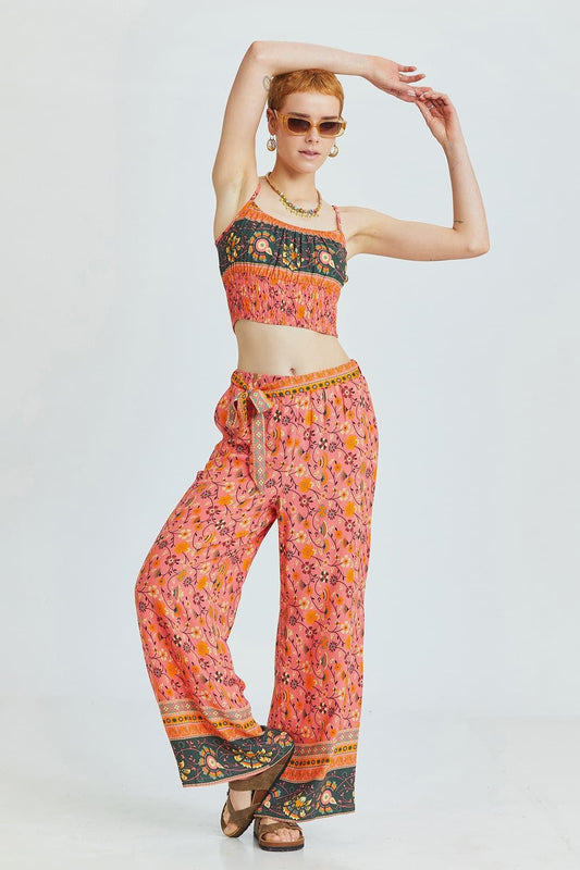 Pink Border Pattern Bohemian Pants with Belted Waist