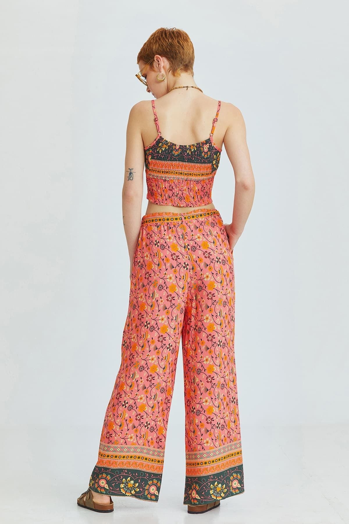 Pink Border Pattern Bohemian Pants with Belted Waist
