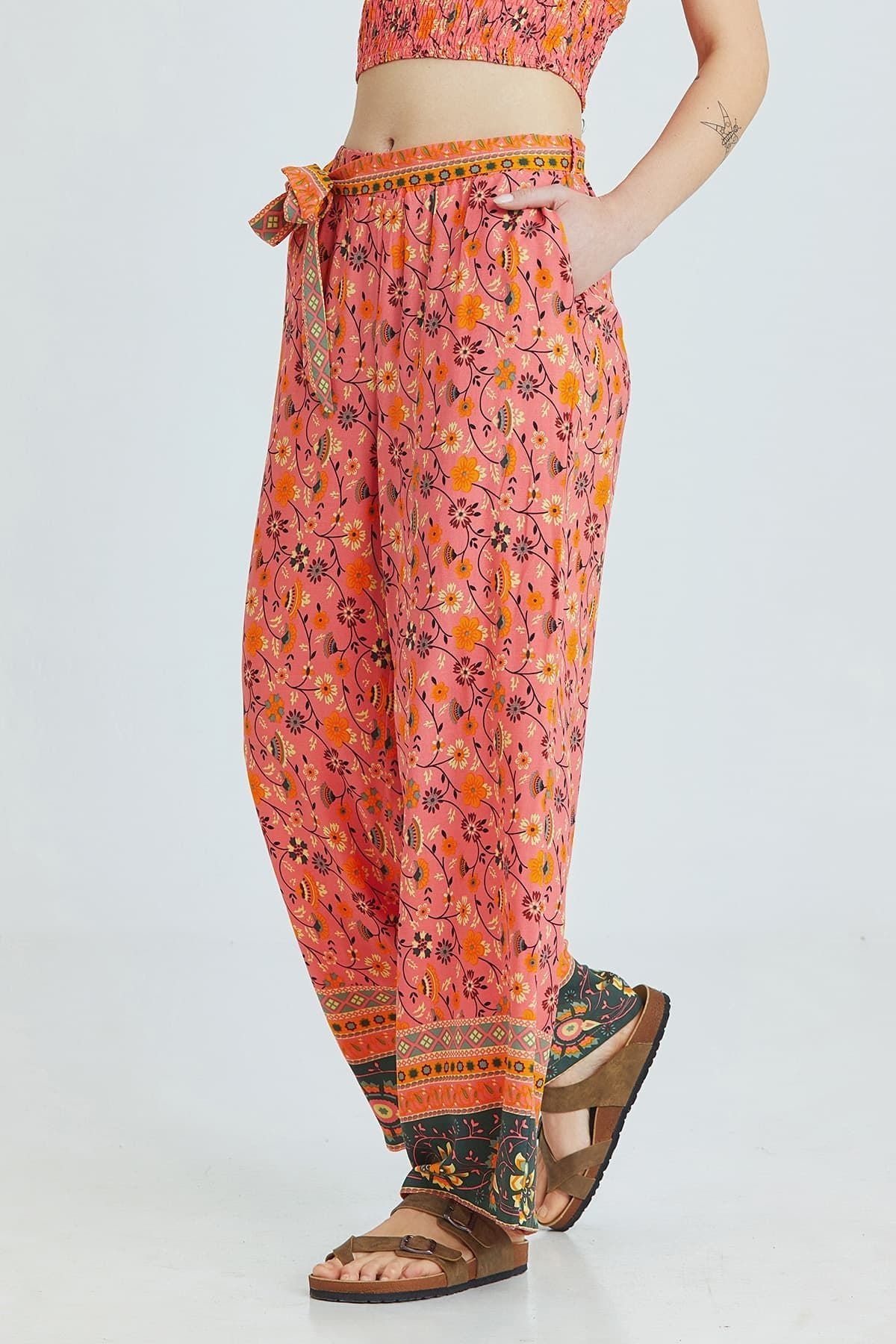 Pink Border Pattern Bohemian Pants with Belted Waist