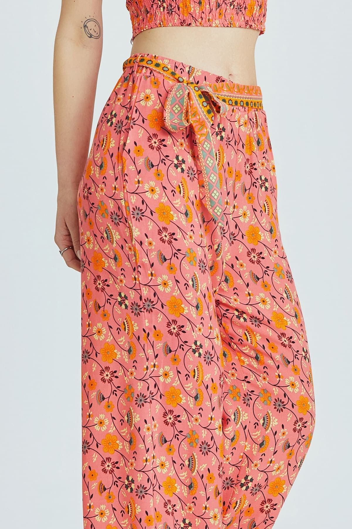 Pink Border Pattern Bohemian Pants with Belted Waist