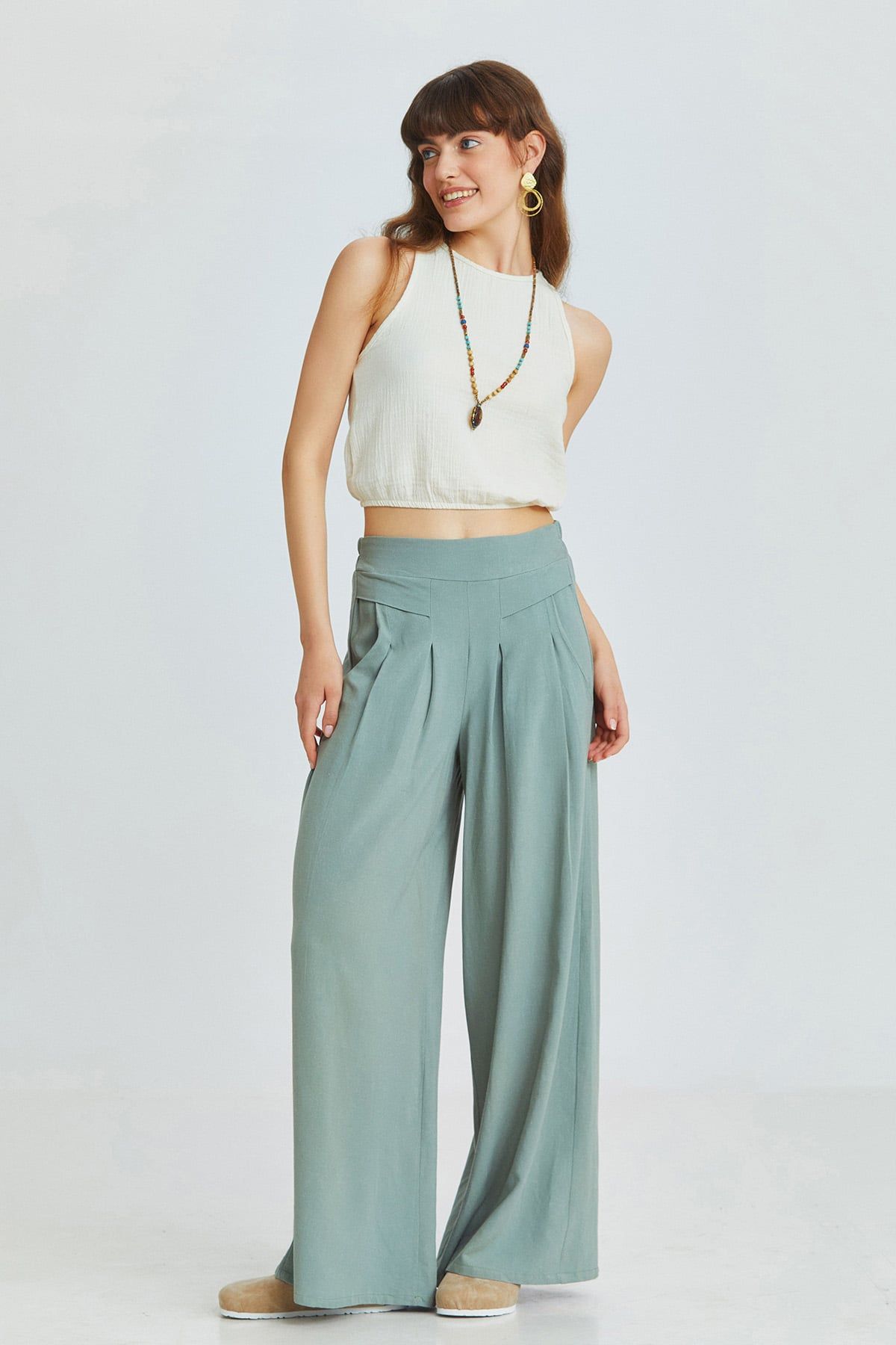 Pistachio Green Bohemian Wide-Leg Pants with Front Pleats