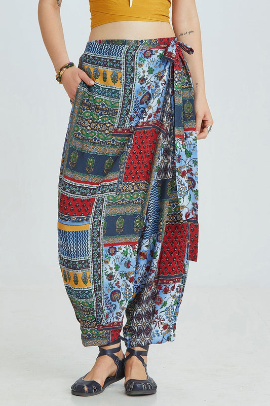 Blue Patch Pattern Viscose Harem Pants with Wrap Front