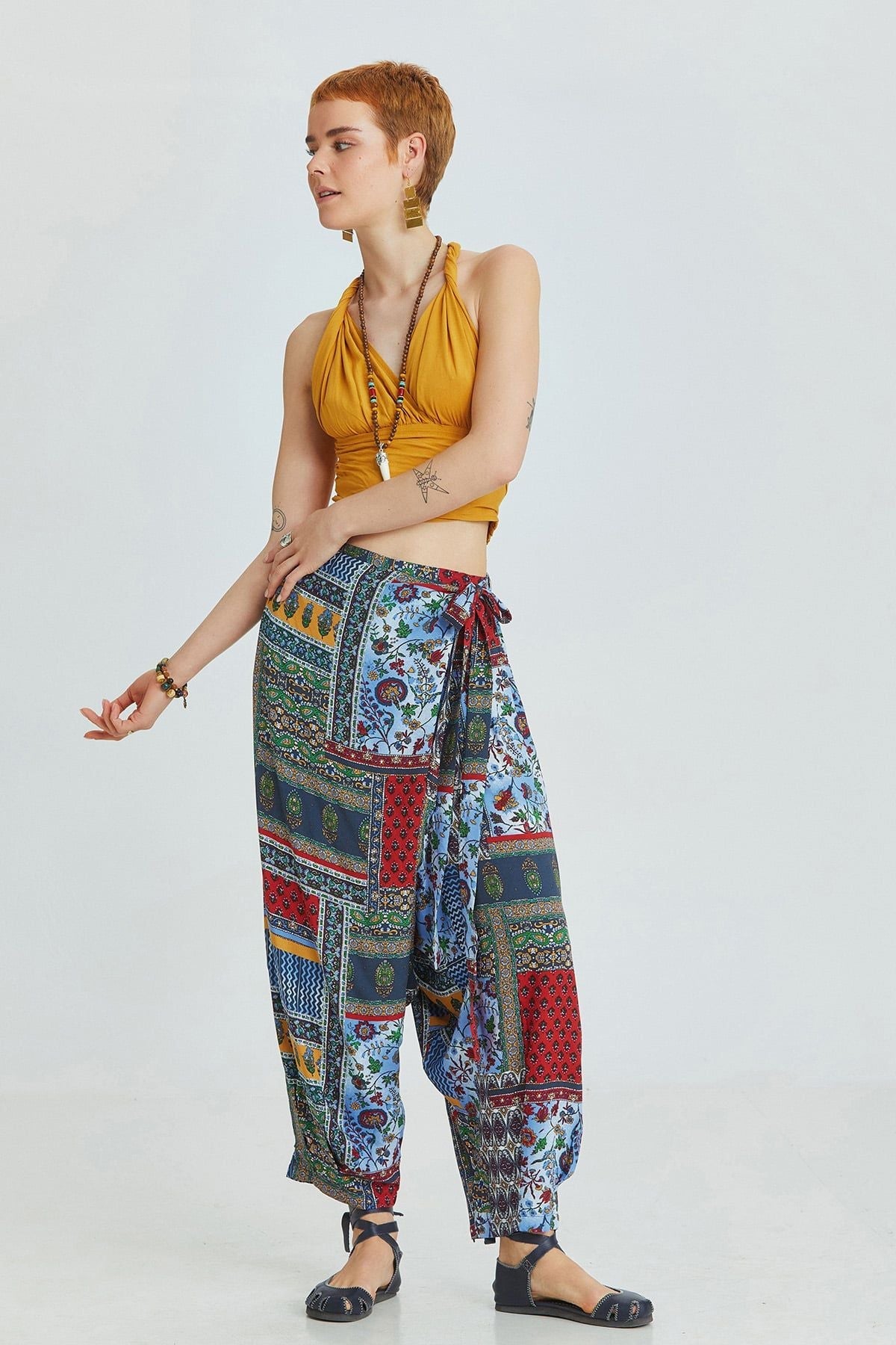 Blue Patch Pattern Viscose Harem Pants with Wrap Front