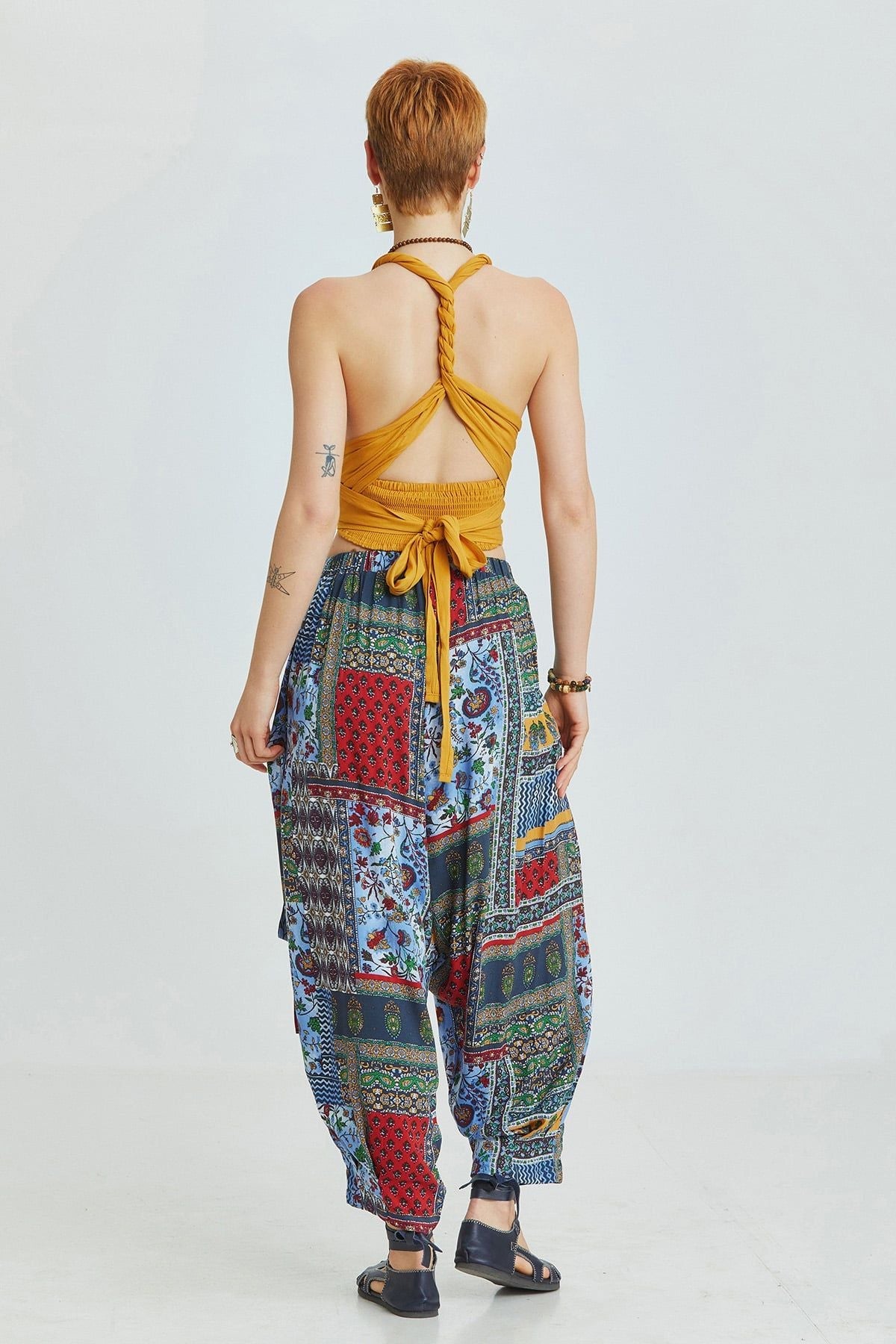 Blue Patch Pattern Viscose Harem Pants with Wrap Front