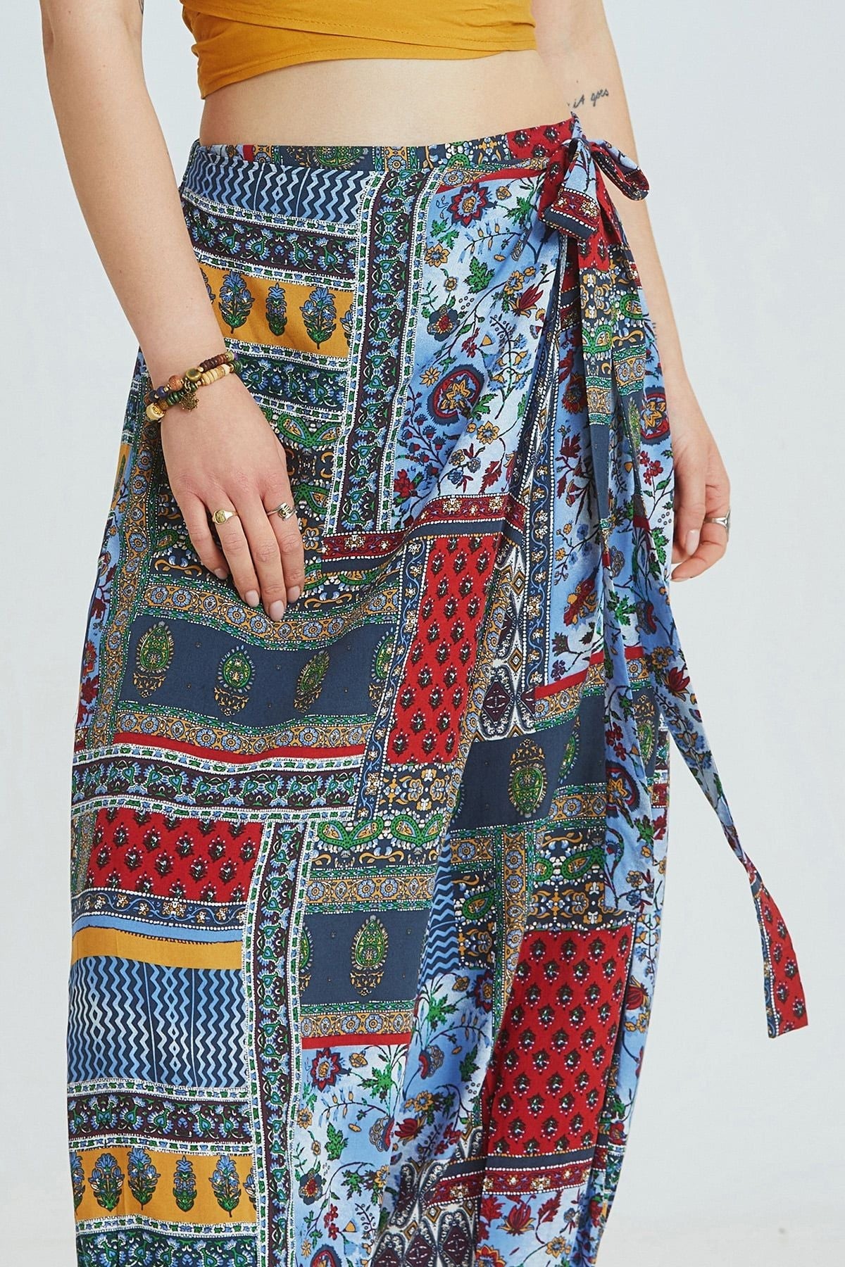 Blue Patch Pattern Viscose Harem Pants with Wrap Front