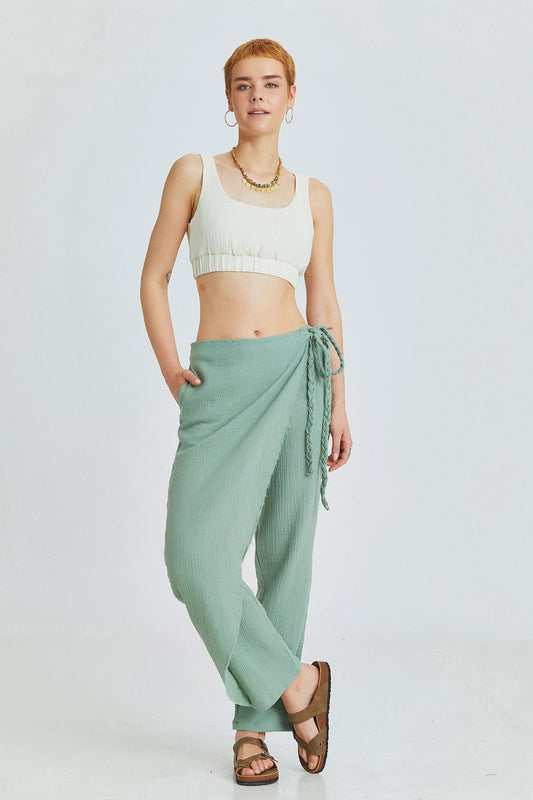 Green Muslin Summer Pants with Crossover Closure and Lace-Up Details