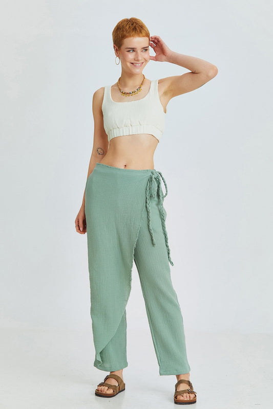 Green Muslin Summer Pants with Crossover Closure and Lace-Up Details