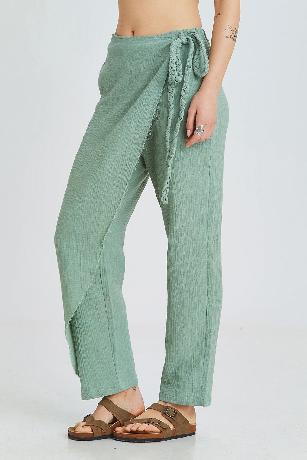 Green Muslin Summer Pants with Crossover Closure and Lace-Up Details