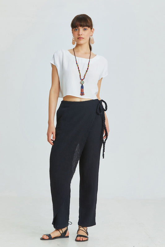 Black Muslin Summer Pants with Crossover Closure and Lace-Up Details