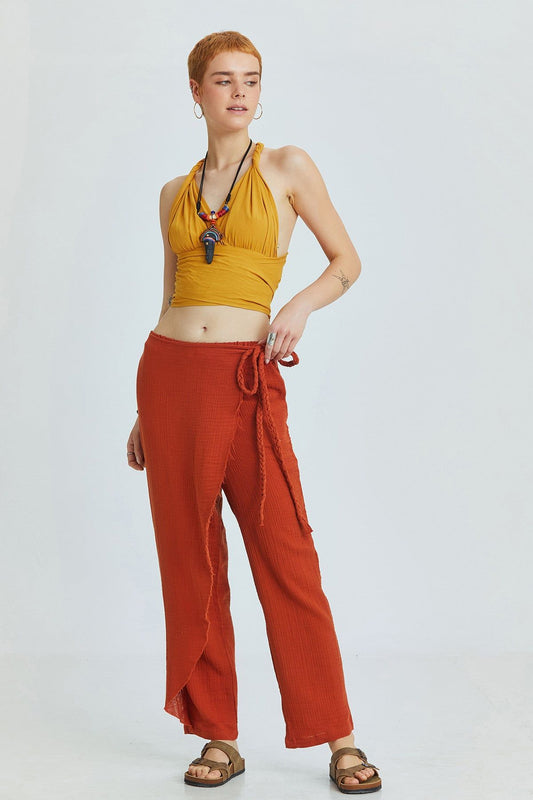 Orange Muslin Summer Pants with Crossover Closure and Lace-Up Details