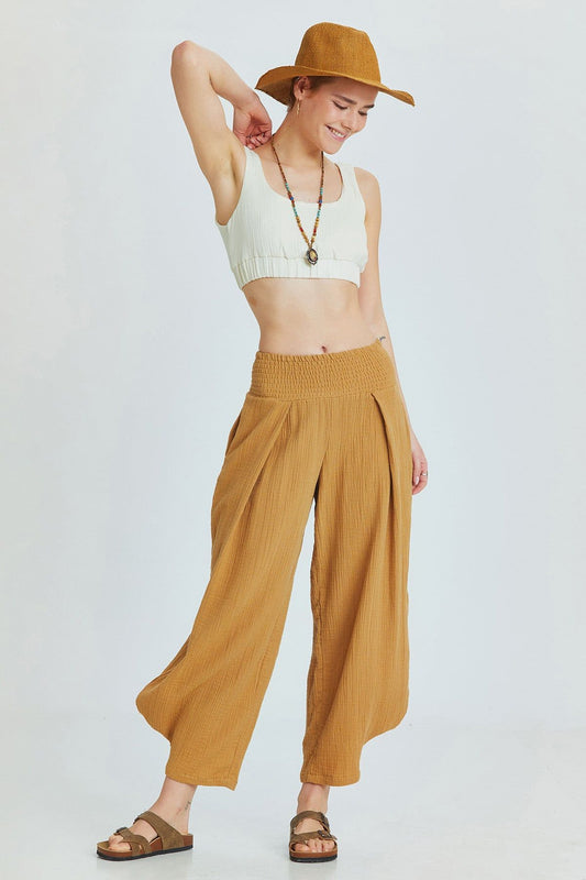 Camel Bohemian Cotton Muslin Pants with Elastic Waist and Wide Legs