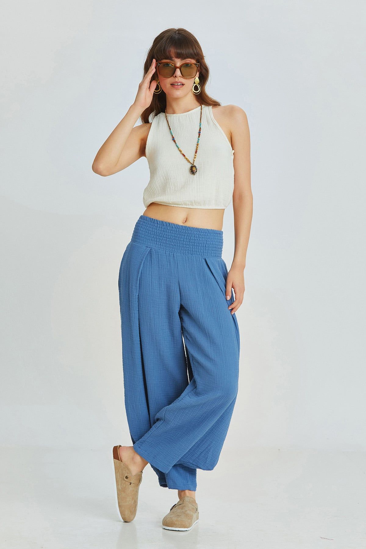 Dark Blue Bohemian Cotton Muslin Pants with Elastic Waist and Wide Legs
