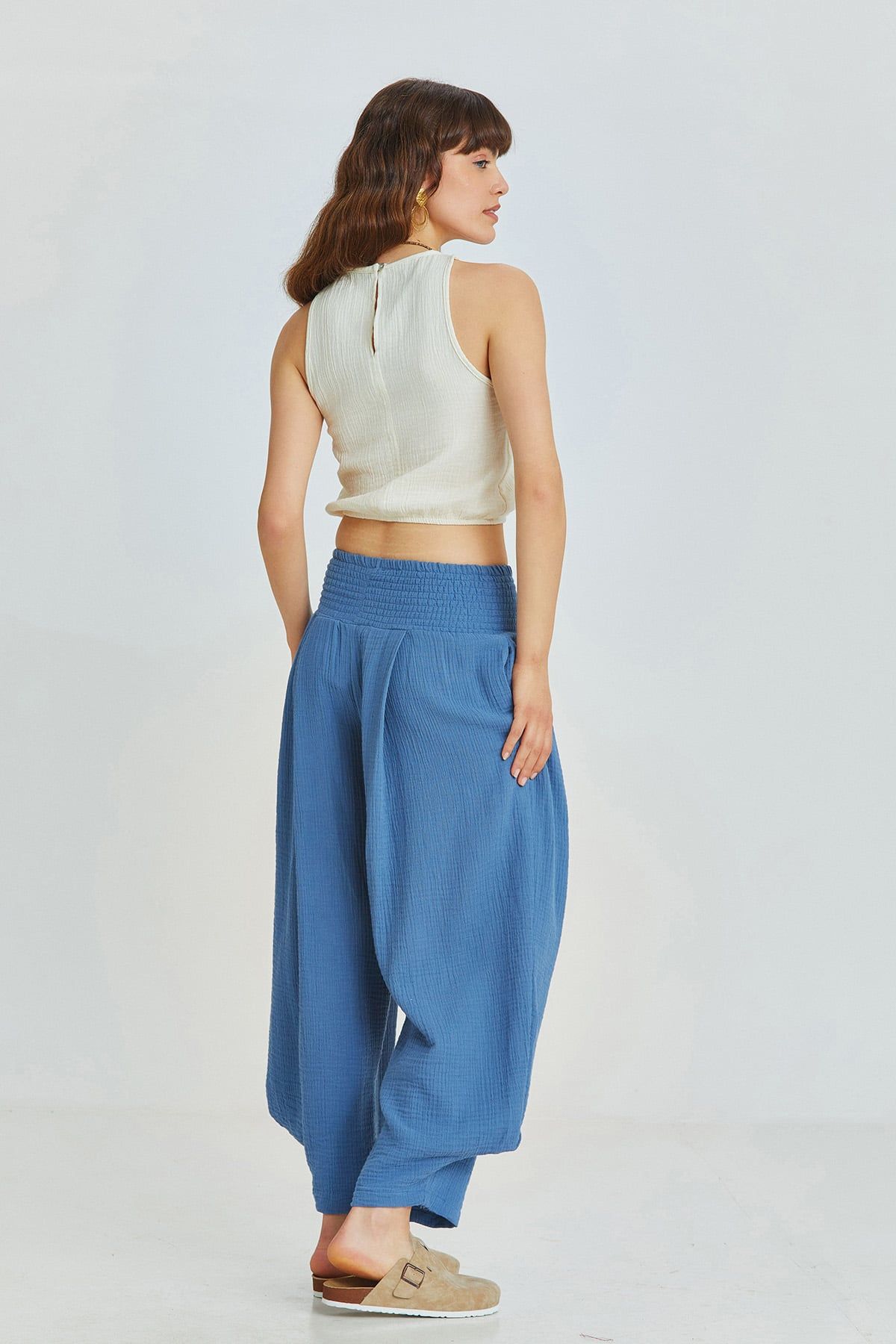 Dark Blue Bohemian Cotton Muslin Pants with Elastic Waist and Wide Legs