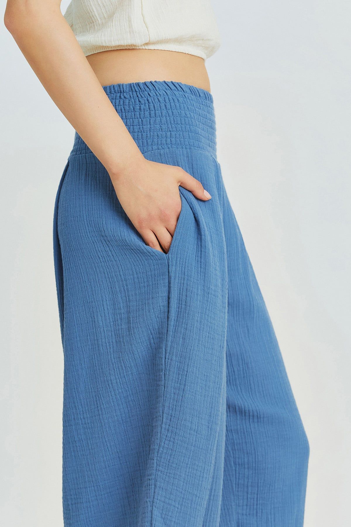 Dark Blue Bohemian Cotton Muslin Pants with Elastic Waist and Wide Legs