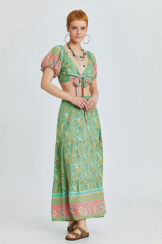 Green Floral Pattern Bohemian Maxi Skirt with Elastic Waist