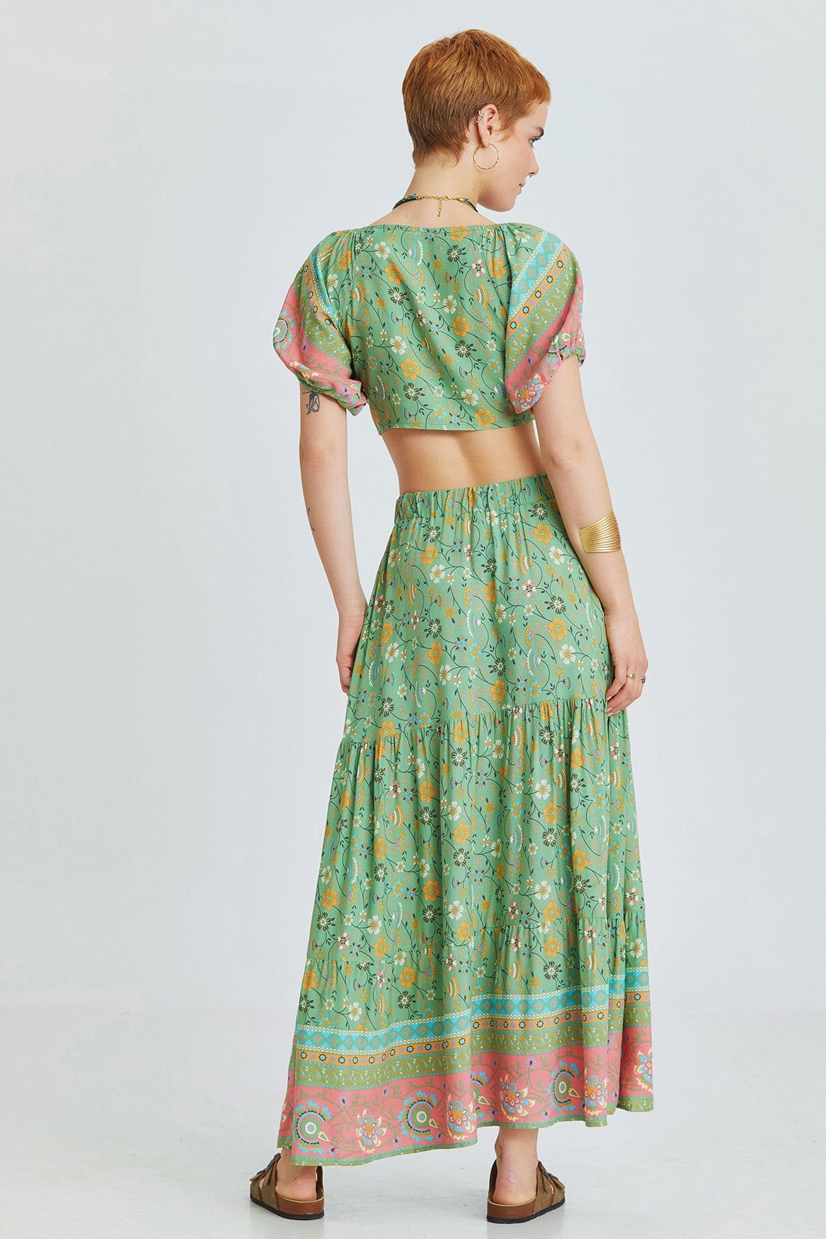 Green Floral Pattern Bohemian Maxi Skirt with Elastic Waist