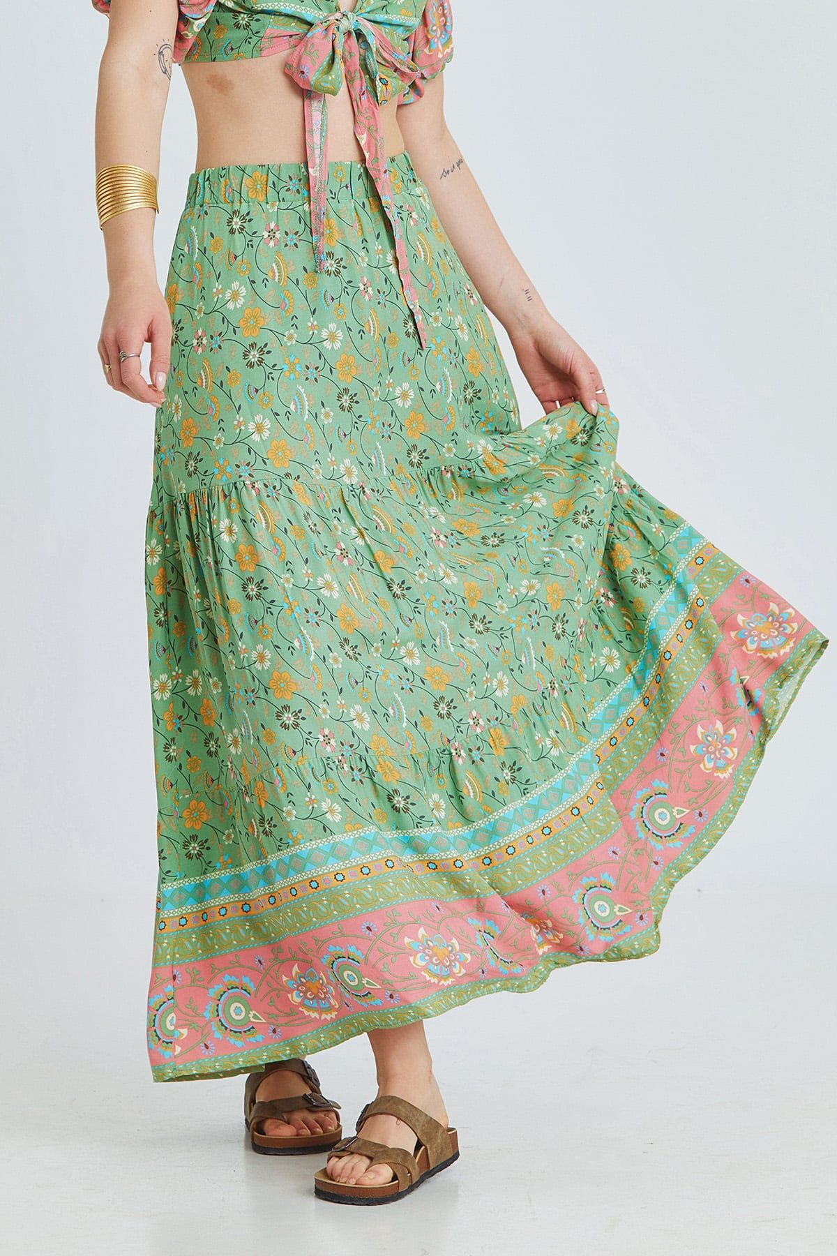 Green Floral Pattern Bohemian Maxi Skirt with Elastic Waist