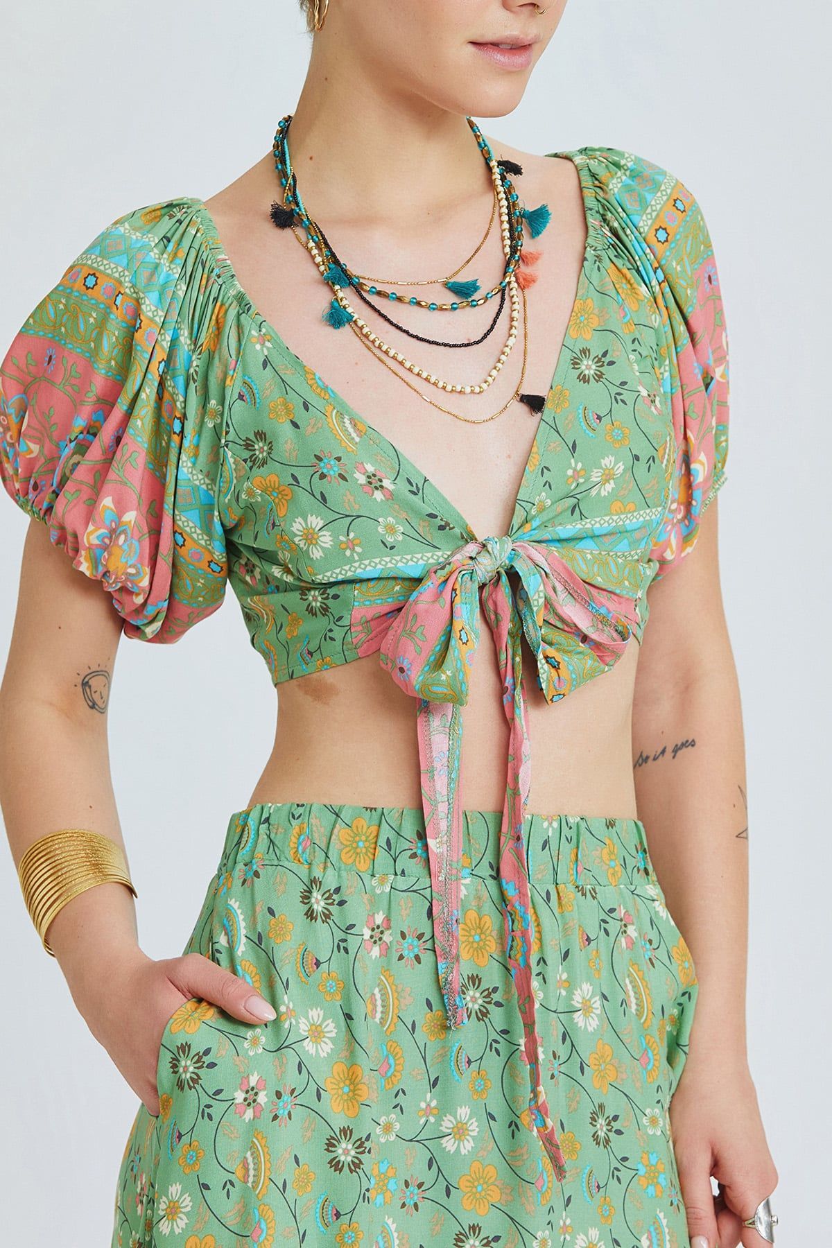 Green Floral Pattern Bohemian Maxi Skirt with Elastic Waist