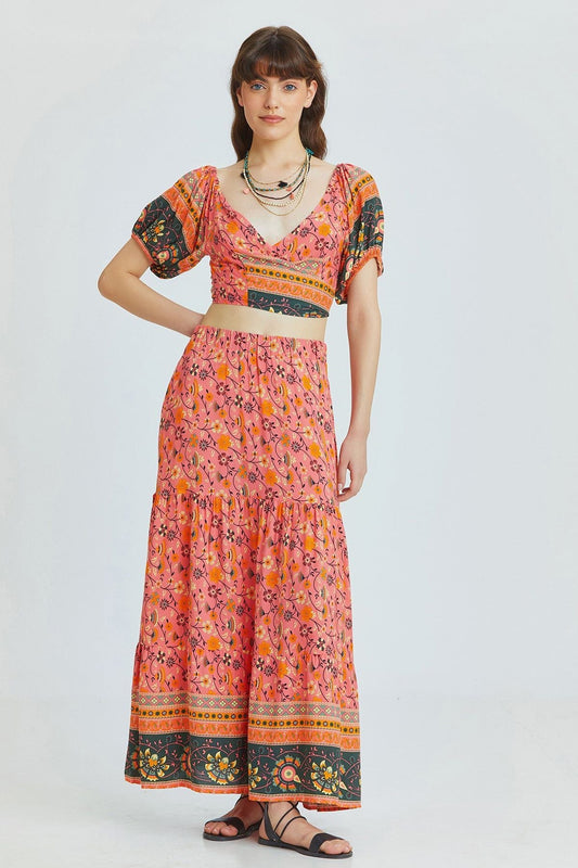Pink Floral Pattern Bohemian Maxi Skirt with Elastic Waist
