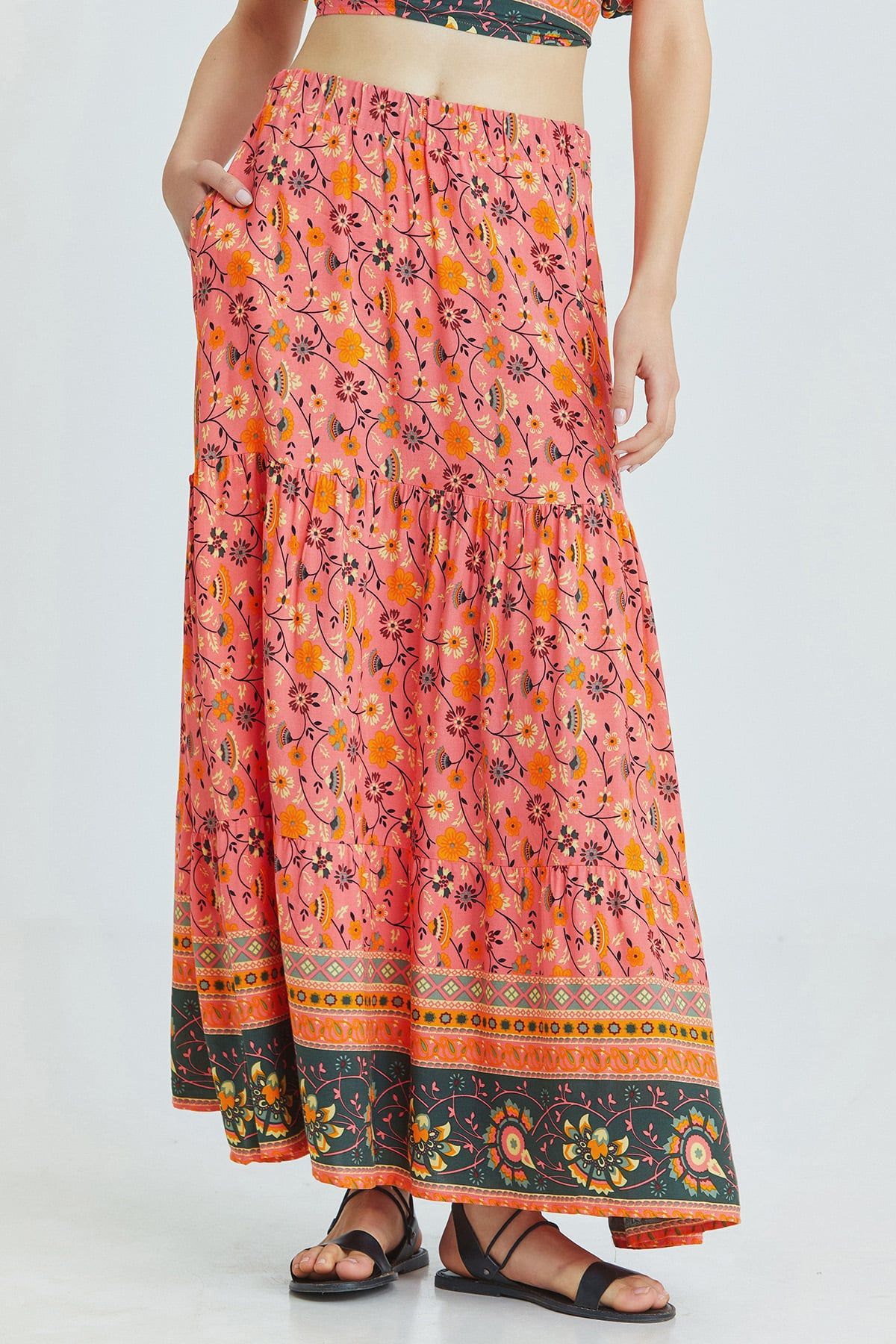 Pink Floral Pattern Bohemian Maxi Skirt with Elastic Waist