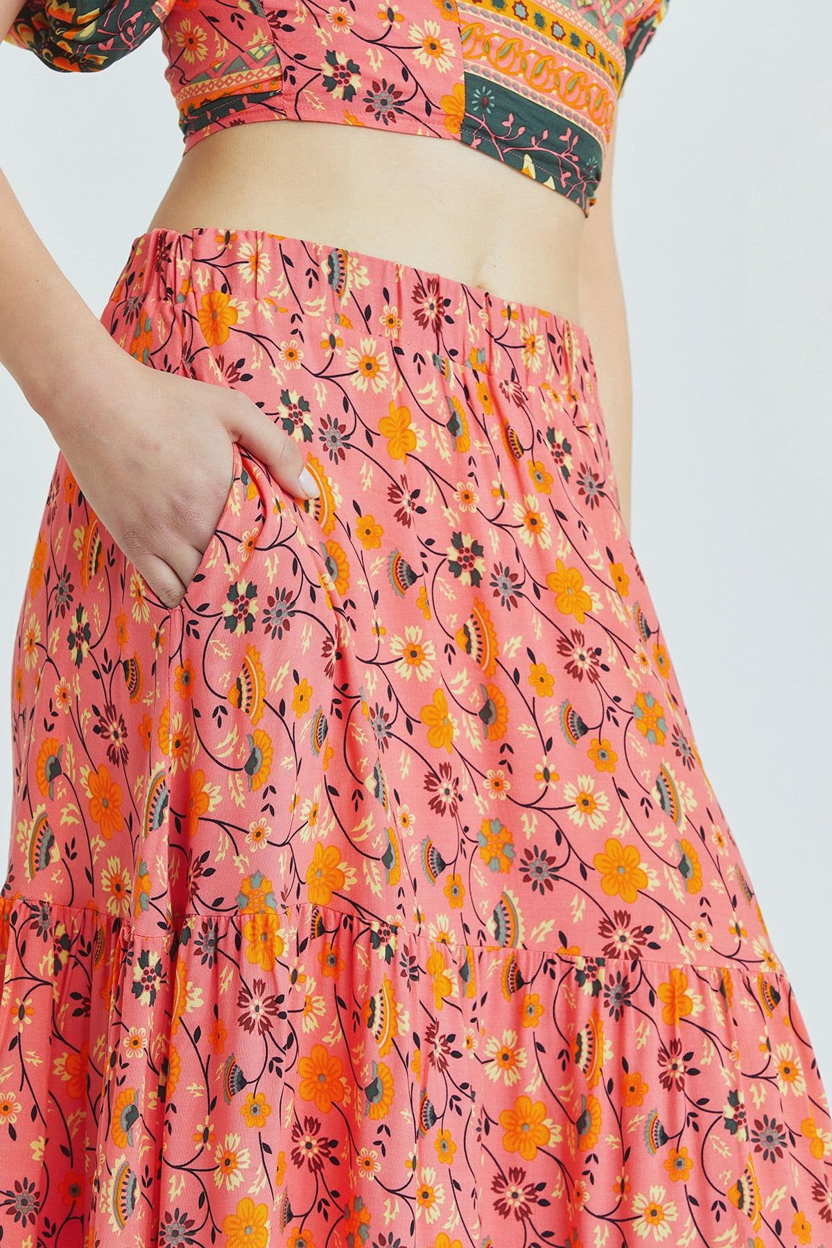 Pink Floral Pattern Bohemian Maxi Skirt with Elastic Waist