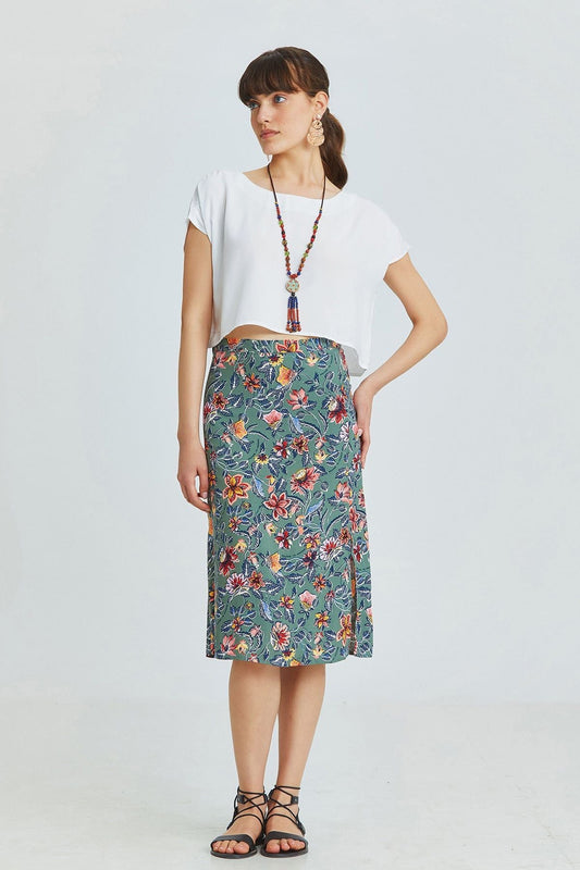 Gray Floral High-Waisted Midi Bohemian Skirt with Side Slit