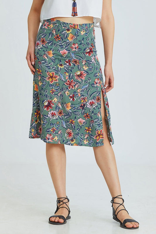 Gray Floral High-Waisted Midi Bohemian Skirt with Side Slit