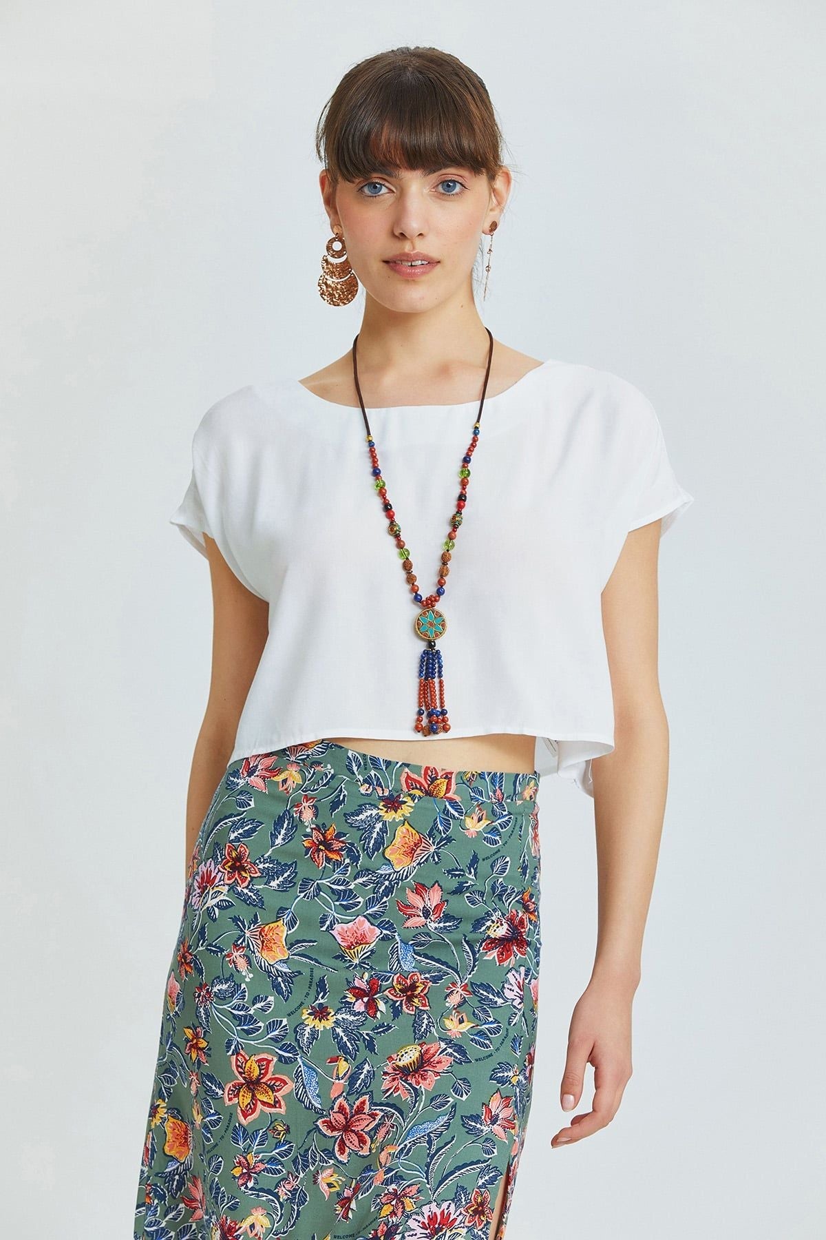 Gray Floral High-Waisted Midi Bohemian Skirt with Side Slit