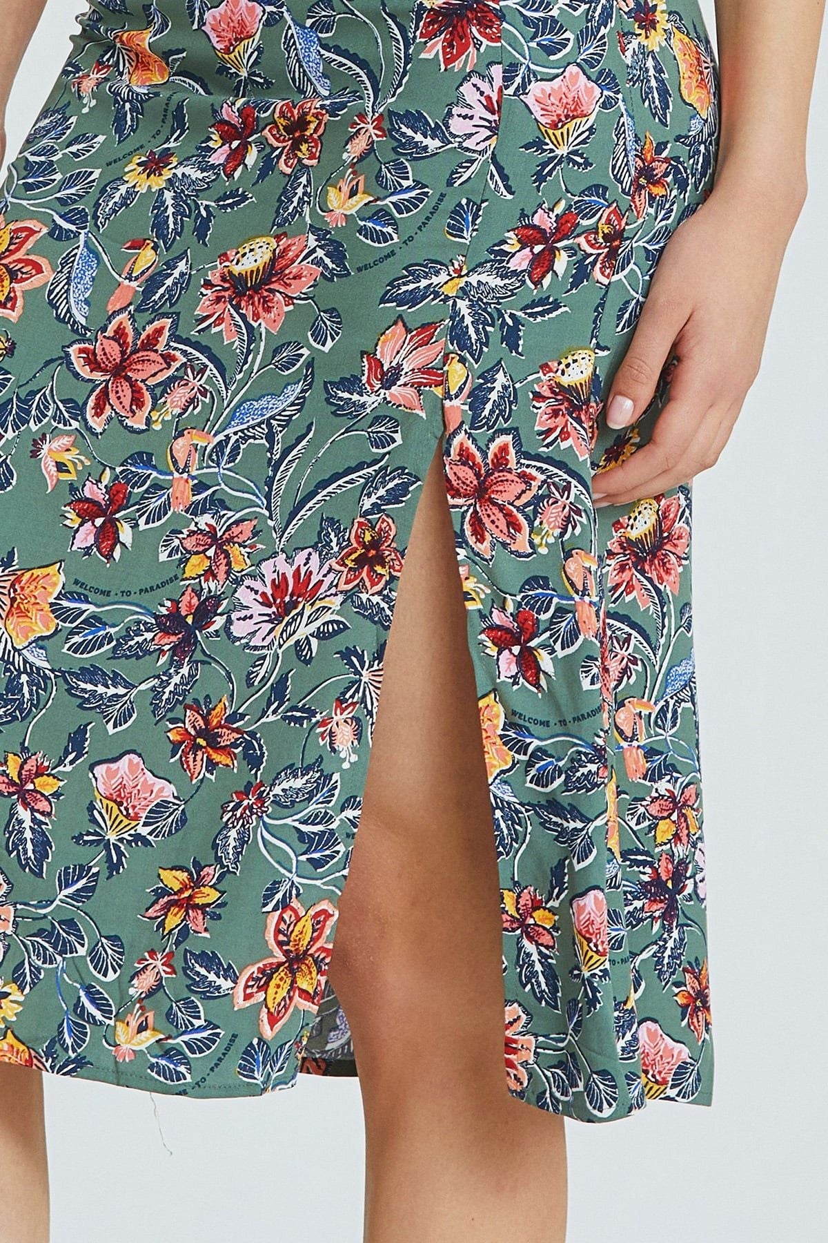 Gray Floral High-Waisted Midi Bohemian Skirt with Side Slit
