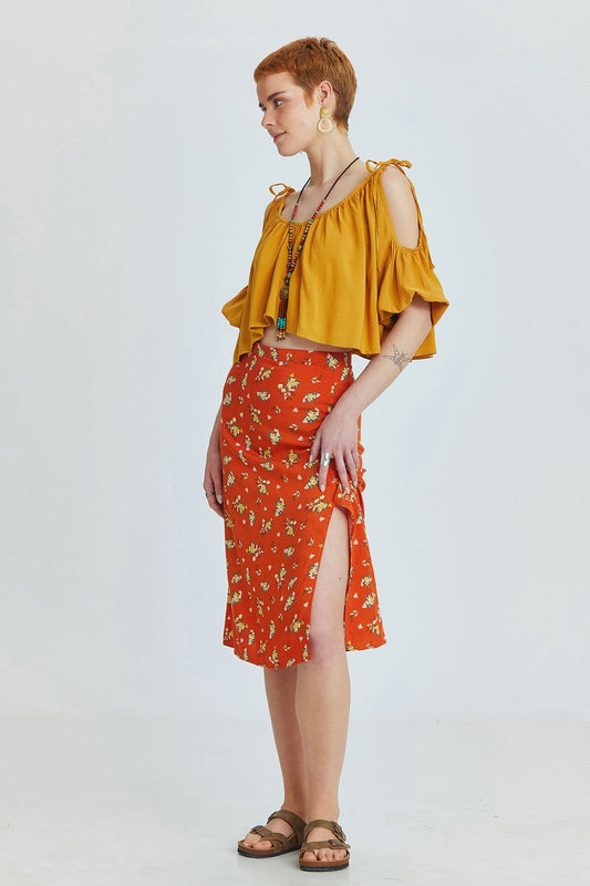 Orange Floral High-Waisted Midi Bohemian Skirt with Side Slit